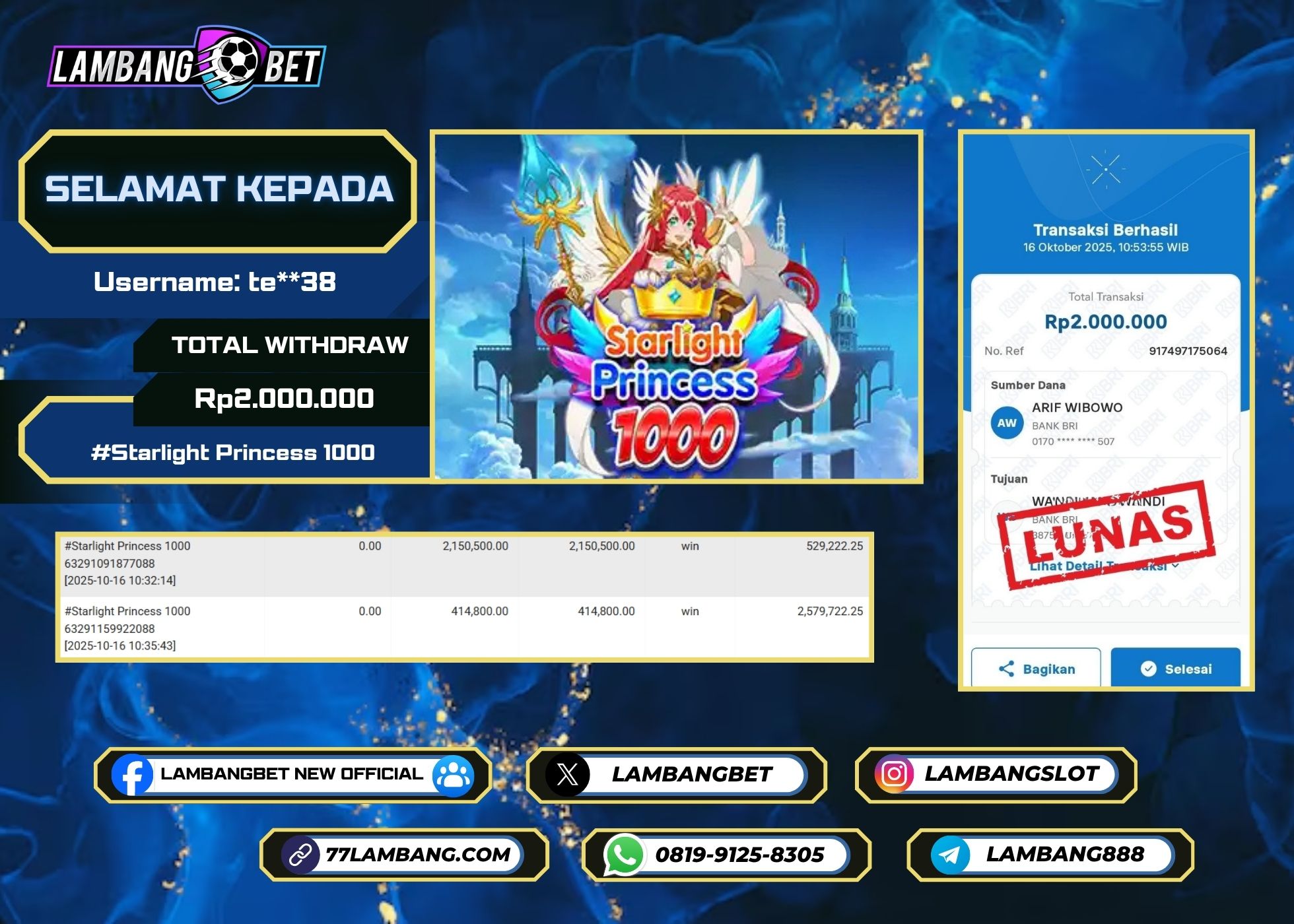 LAMBANGBET [16 OKTOBER 2025] JACKPOT SLOT Starlight Princess 1000 "Rp2.000.000" LUNAS